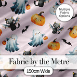 Cute Halloween Ghost Pumpkin Bat Cat Seamless Pattern Pink Background Digital Print Fabric by the Metre UK Sewing Quilting Textile