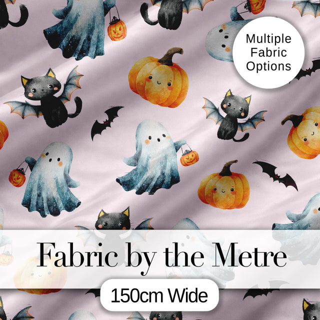 Cute Halloween Ghost Pumpkin Bat Cat Seamless Pattern Pink Background Digital Print Fabric by the Metre UK Sewing Quilting Textile