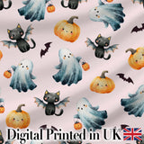 Cute Halloween Ghost Pumpkin Bat Cat Seamless Pattern Pink Background Digital Print Fabric by the Metre UK Sewing Quilting Textile