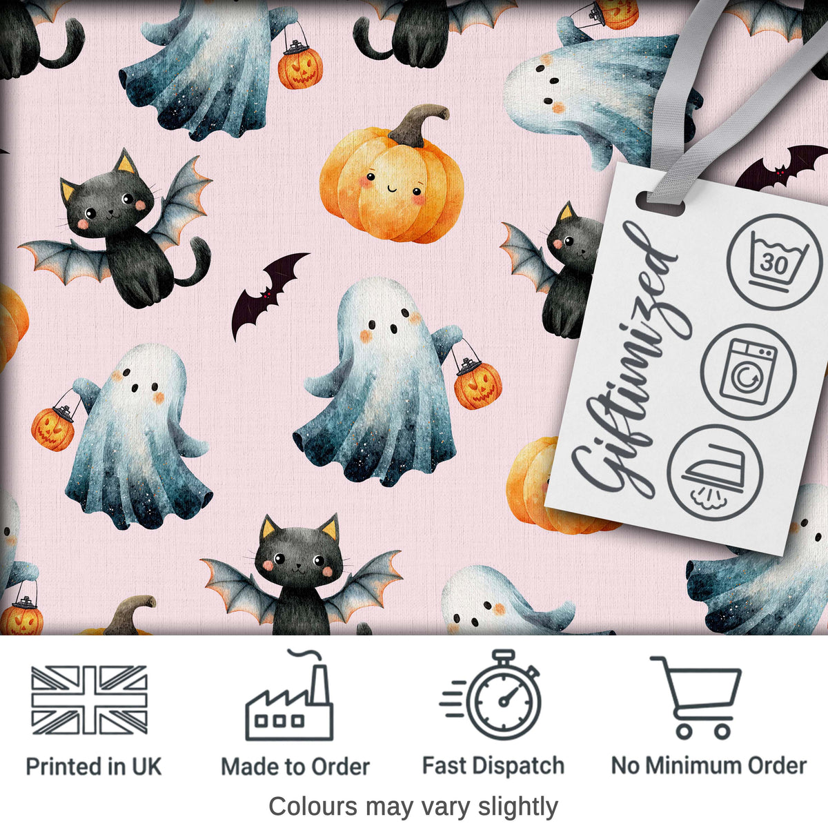 Cute Halloween Ghost Pumpkin Bat Cat Seamless Pattern Pink Background Digital Print Fabric by the Metre UK Sewing Quilting Textile