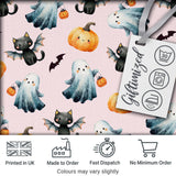 Cute Halloween Ghost Pumpkin Bat Cat Seamless Pattern Pink Background Digital Print Fabric by the Metre UK Sewing Quilting Textile