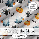 Cute Halloween Ghost Pumpkin Bat Cat Seamless Pattern Light Grey Background Digital Print Fabric by the Metre UK Sewing Quilting Textile