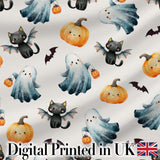 Cute Halloween Ghost Pumpkin Bat Cat Seamless Pattern Light Grey Background Digital Print Fabric by the Metre UK Sewing Quilting Textile