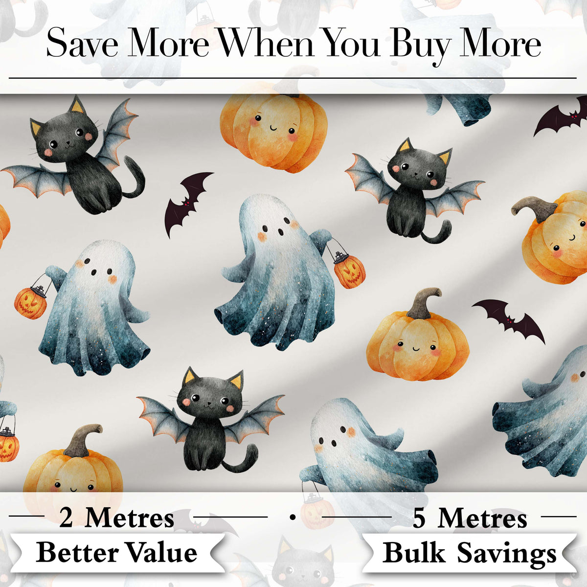 Cute Halloween Ghost Pumpkin Bat Cat Seamless Pattern Light Grey Background Digital Print Fabric by the Metre UK Sewing Quilting Textile