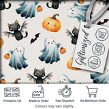 Cute Halloween Ghost Pumpkin Bat Cat Seamless Pattern Light Grey Background Digital Print Fabric by the Metre UK Sewing Quilting Textile