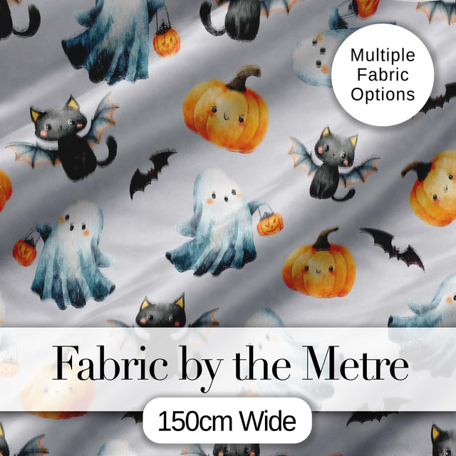 Cute Halloween Ghost Pumpkin Bat Cat Seamless Pattern Beige Background Digital Print Fabric by the Metre UK Sewing Quilting Textile