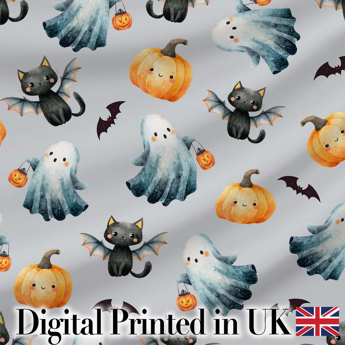 Cute Halloween Ghost Pumpkin Bat Cat Seamless Pattern Beige Background Digital Print Fabric by the Metre UK Sewing Quilting Textile