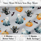 Cute Halloween Ghost Pumpkin Bat Cat Seamless Pattern Beige Background Digital Print Fabric by the Metre UK Sewing Quilting Textile