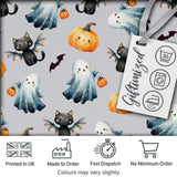 Cute Halloween Ghost Pumpkin Bat Cat Seamless Pattern Beige Background Digital Print Fabric by the Metre UK Sewing Quilting Textile