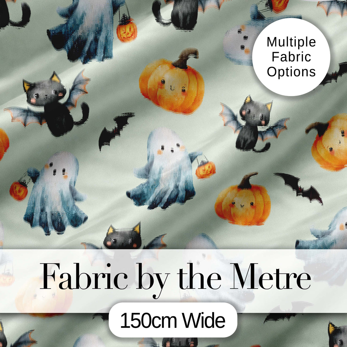 Cute Halloween Ghost Pumpkin Bat Cat Seamless Pattern Sage Green Background Digital Print Fabric by the Metre UK Sewing Quilting Textile