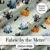 Cute Halloween Ghost Pumpkin Bat Cat Seamless Pattern Sage Green Background Digital Print Fabric by the Metre UK Sewing Quilting Textile