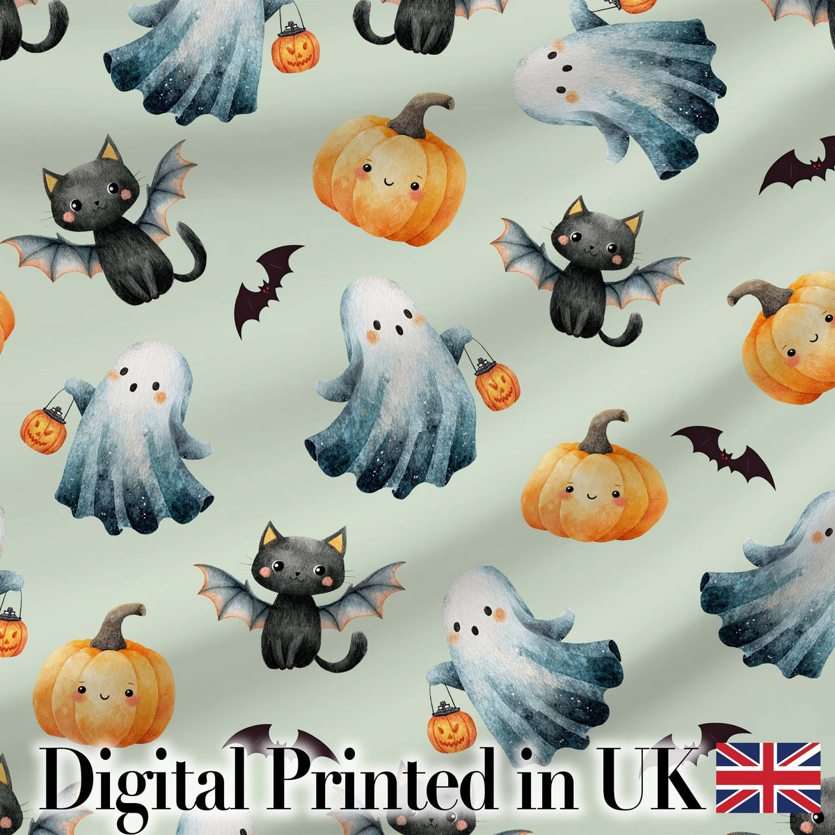 Cute Halloween Ghost Pumpkin Bat Cat Seamless Pattern Sage Green Background Digital Print Fabric by the Metre UK Sewing Quilting Textile