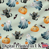 Cute Halloween Ghost Pumpkin Bat Cat Seamless Pattern Sage Green Background Digital Print Fabric by the Metre UK Sewing Quilting Textile