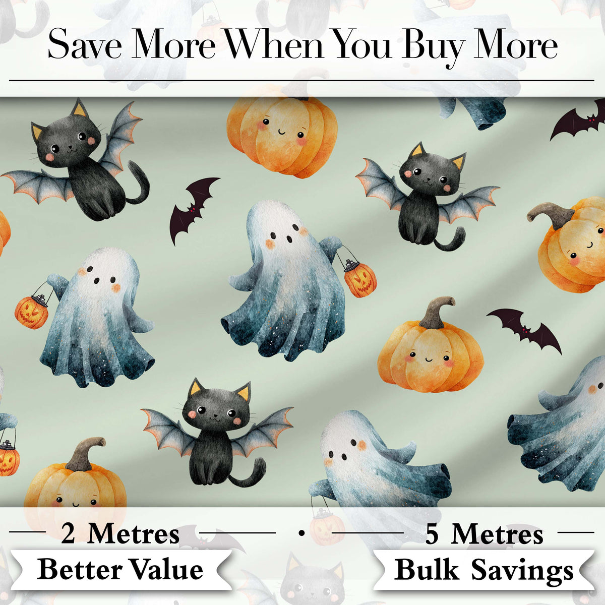 Cute Halloween Ghost Pumpkin Bat Cat Seamless Pattern Sage Green Background Digital Print Fabric by the Metre UK Sewing Quilting Textile