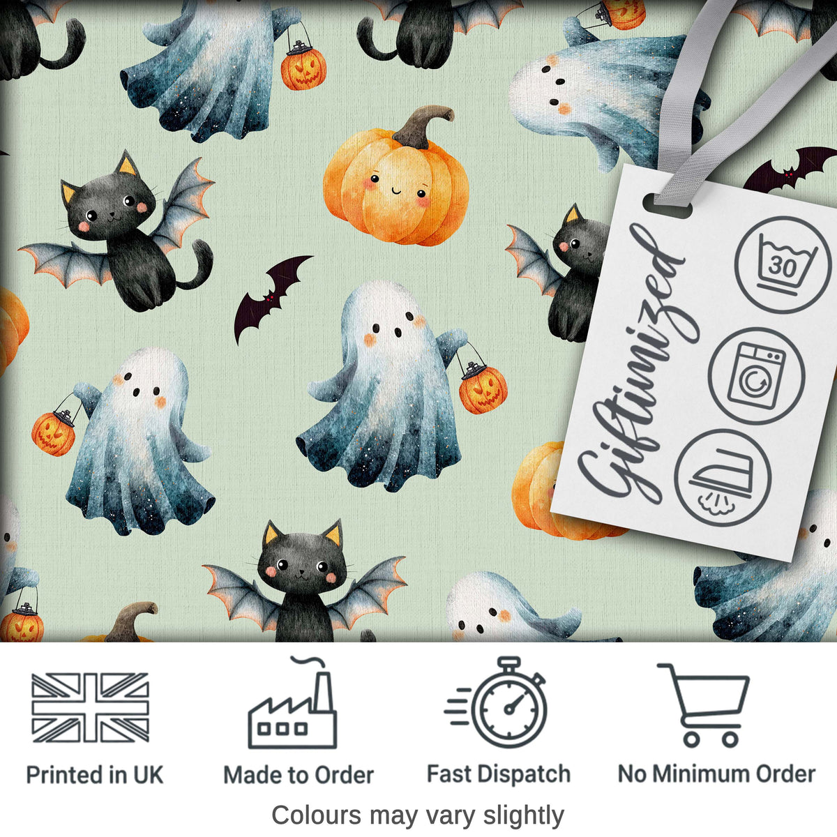 Cute Halloween Ghost Pumpkin Bat Cat Seamless Pattern Sage Green Background Digital Print Fabric by the Metre UK Sewing Quilting Textile