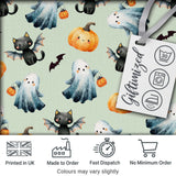 Cute Halloween Ghost Pumpkin Bat Cat Seamless Pattern Sage Green Background Digital Print Fabric by the Metre UK Sewing Quilting Textile