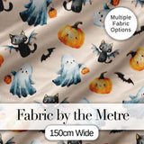 Cute Halloween Ghost Pumpkin Bat Cat Seamless Pattern Warm Beige Background Digital Print Fabric by the Metre UK Sewing Quilting Textile