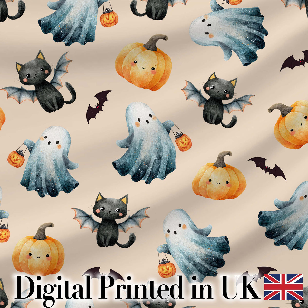 Cute Halloween Ghost Pumpkin Bat Cat Seamless Pattern Warm Beige Background Digital Print Fabric by the Metre UK Sewing Quilting Textile