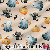 Cute Halloween Ghost Pumpkin Bat Cat Seamless Pattern Warm Beige Background Digital Print Fabric by the Metre UK Sewing Quilting Textile