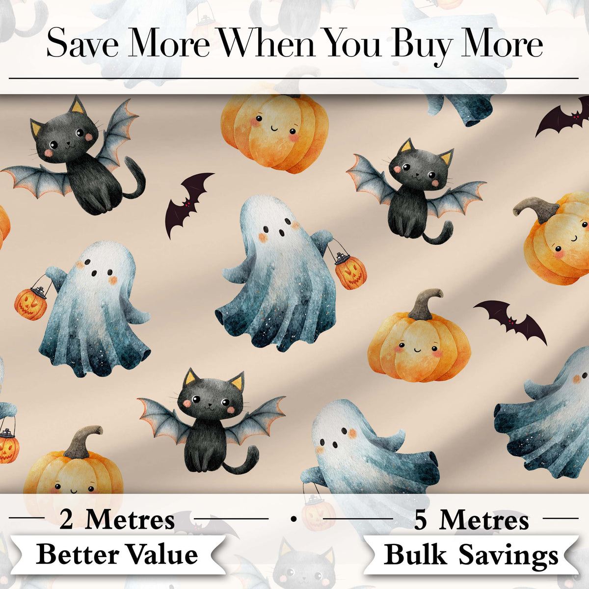 Cute Halloween Ghost Pumpkin Bat Cat Seamless Pattern Warm Beige Background Digital Print Fabric by the Metre UK Sewing Quilting Textile