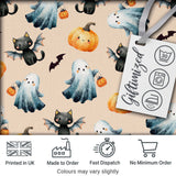 Cute Halloween Ghost Pumpkin Bat Cat Seamless Pattern Warm Beige Background Digital Print Fabric by the Metre UK Sewing Quilting Textile