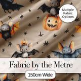 Cute Halloween Bat Pumpkin Star Night Seamless Pattern Taupe Background Digital Print Fabric by the Metre UK Sewing Quilting Textile