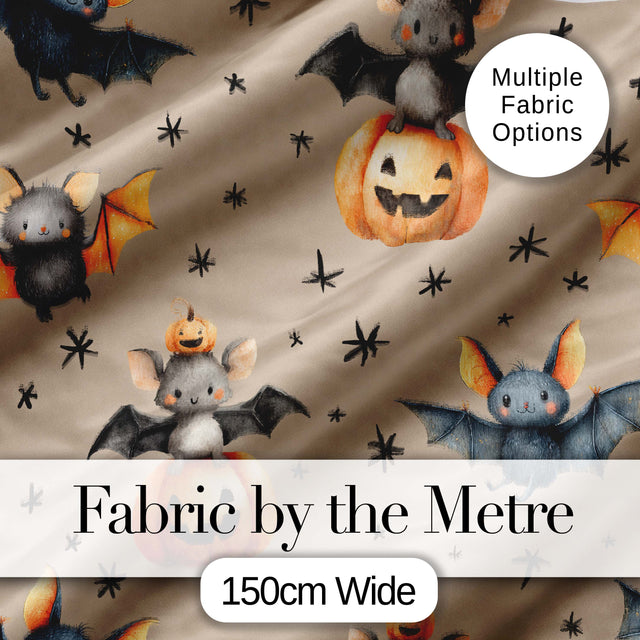 Cute Halloween Bat Pumpkin Star Night Seamless Pattern Taupe Background Digital Print Fabric by the Metre UK Sewing Quilting Textile