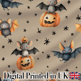 Cute Halloween Bat Pumpkin Star Night Seamless Pattern Taupe Background Digital Print Fabric by the Metre UK Sewing Quilting Textile