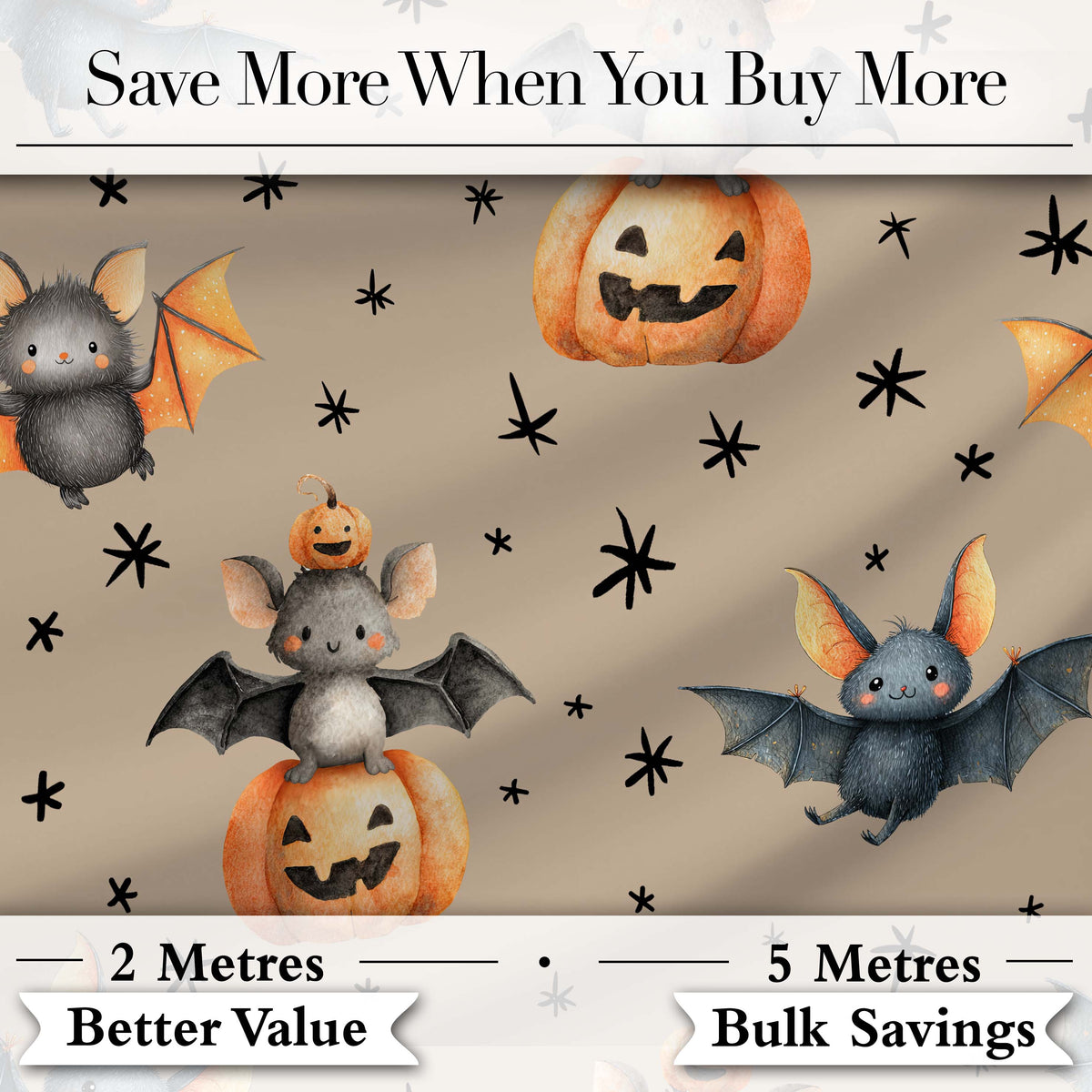 Cute Halloween Bat Pumpkin Star Night Seamless Pattern Taupe Background Digital Print Fabric by the Metre UK Sewing Quilting Textile