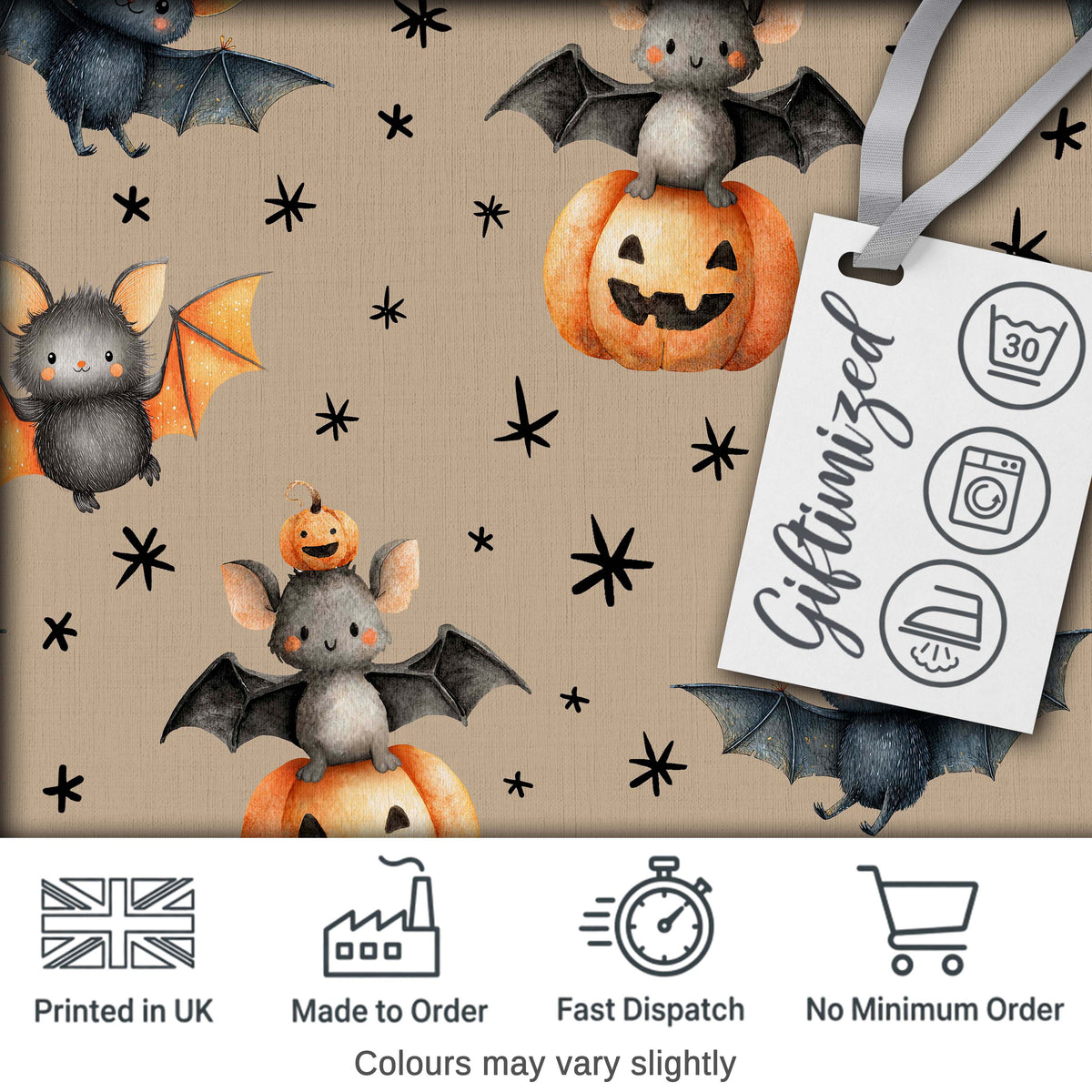 Cute Halloween Bat Pumpkin Star Night Seamless Pattern Taupe Background Digital Print Fabric by the Metre UK Sewing Quilting Textile