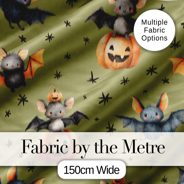 Cute Halloween Bat Pumpkin Star Night Seamless Pattern Olive Green Background Digital Print Fabric by the Metre UK Sewing Quilting Textile