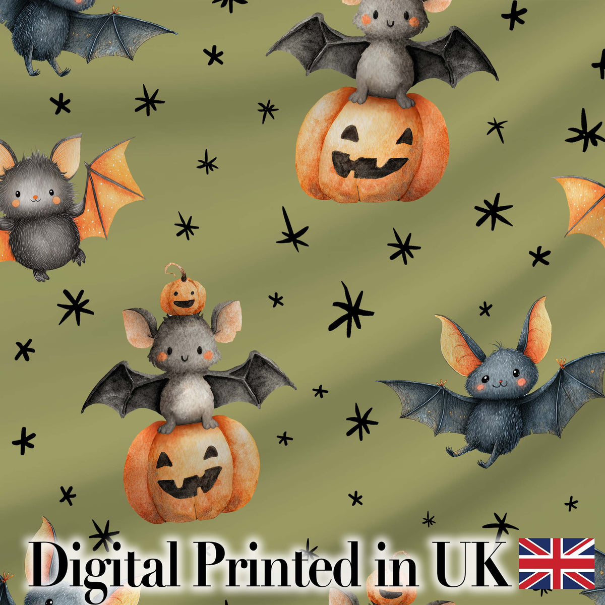 Cute Halloween Bat Pumpkin Star Night Seamless Pattern Olive Green Background Digital Print Fabric by the Metre UK Sewing Quilting Textile