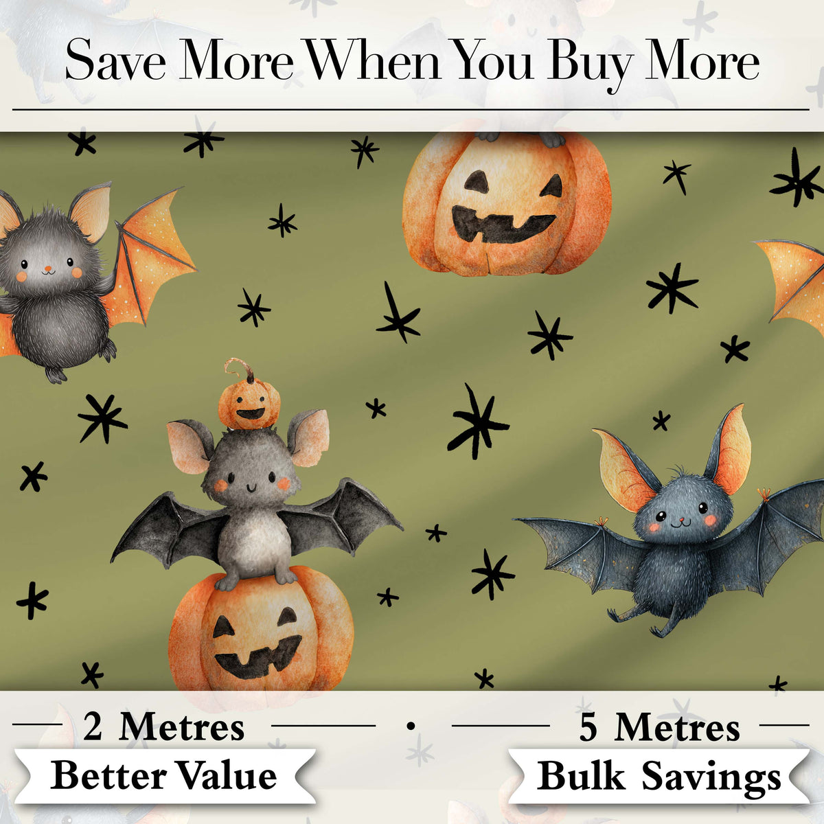Cute Halloween Bat Pumpkin Star Night Seamless Pattern Olive Green Background Digital Print Fabric by the Metre UK Sewing Quilting Textile