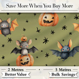 Cute Halloween Bat Pumpkin Star Night Seamless Pattern Olive Green Background Digital Print Fabric by the Metre UK Sewing Quilting Textile