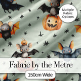 Cute Halloween Bat Pumpkin Star Night Seamless Pattern Sage Green Background Digital Print Fabric by the Metre UK Sewing Quilting Textile