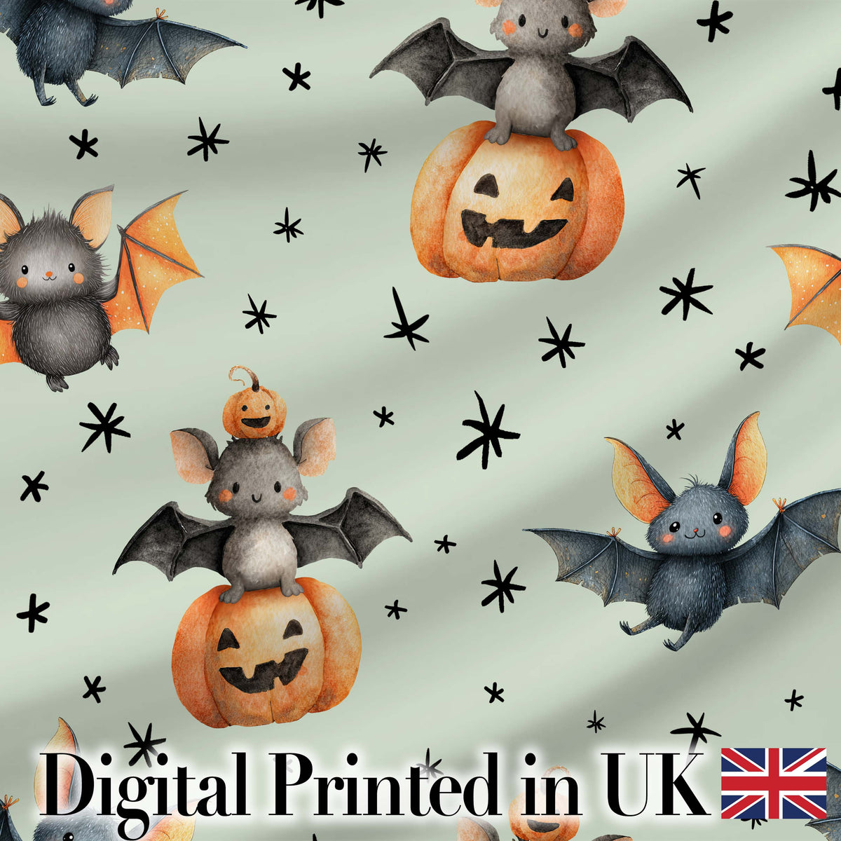 Cute Halloween Bat Pumpkin Star Night Seamless Pattern Sage Green Background Digital Print Fabric by the Metre UK Sewing Quilting Textile