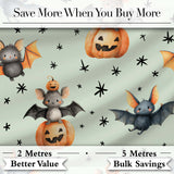 Cute Halloween Bat Pumpkin Star Night Seamless Pattern Sage Green Background Digital Print Fabric by the Metre UK Sewing Quilting Textile