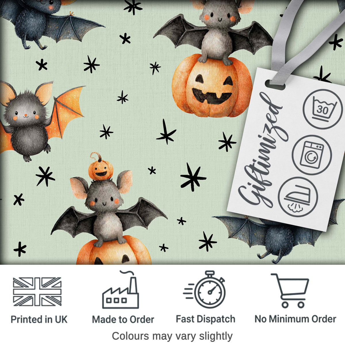 Cute Halloween Bat Pumpkin Star Night Seamless Pattern Sage Green Background Digital Print Fabric by the Metre UK Sewing Quilting Textile