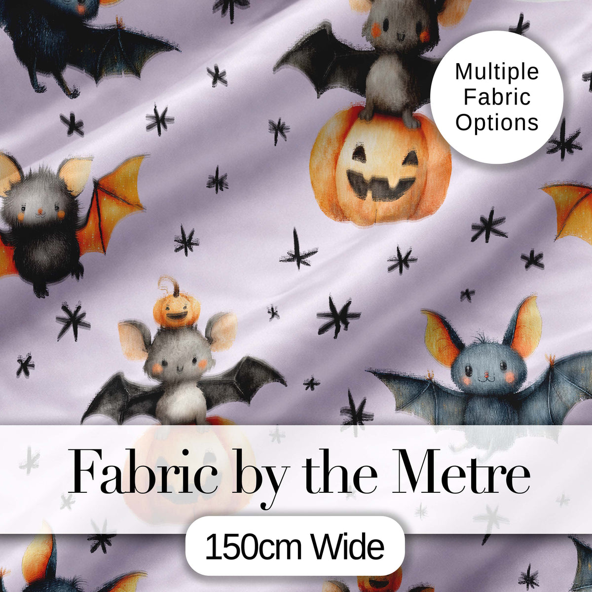 Cute Halloween Bat Pumpkin Star Night Seamless Pattern Soft Lilac Background Digital Print Fabric by the Metre UK Sewing Quilting Textile