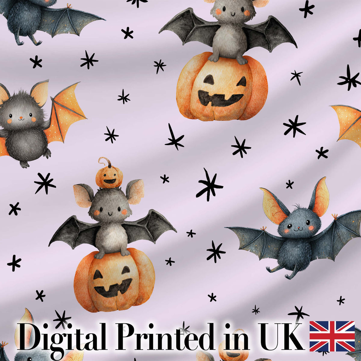 Cute Halloween Bat Pumpkin Star Night Seamless Pattern Soft Lilac Background Digital Print Fabric by the Metre UK Sewing Quilting Textile