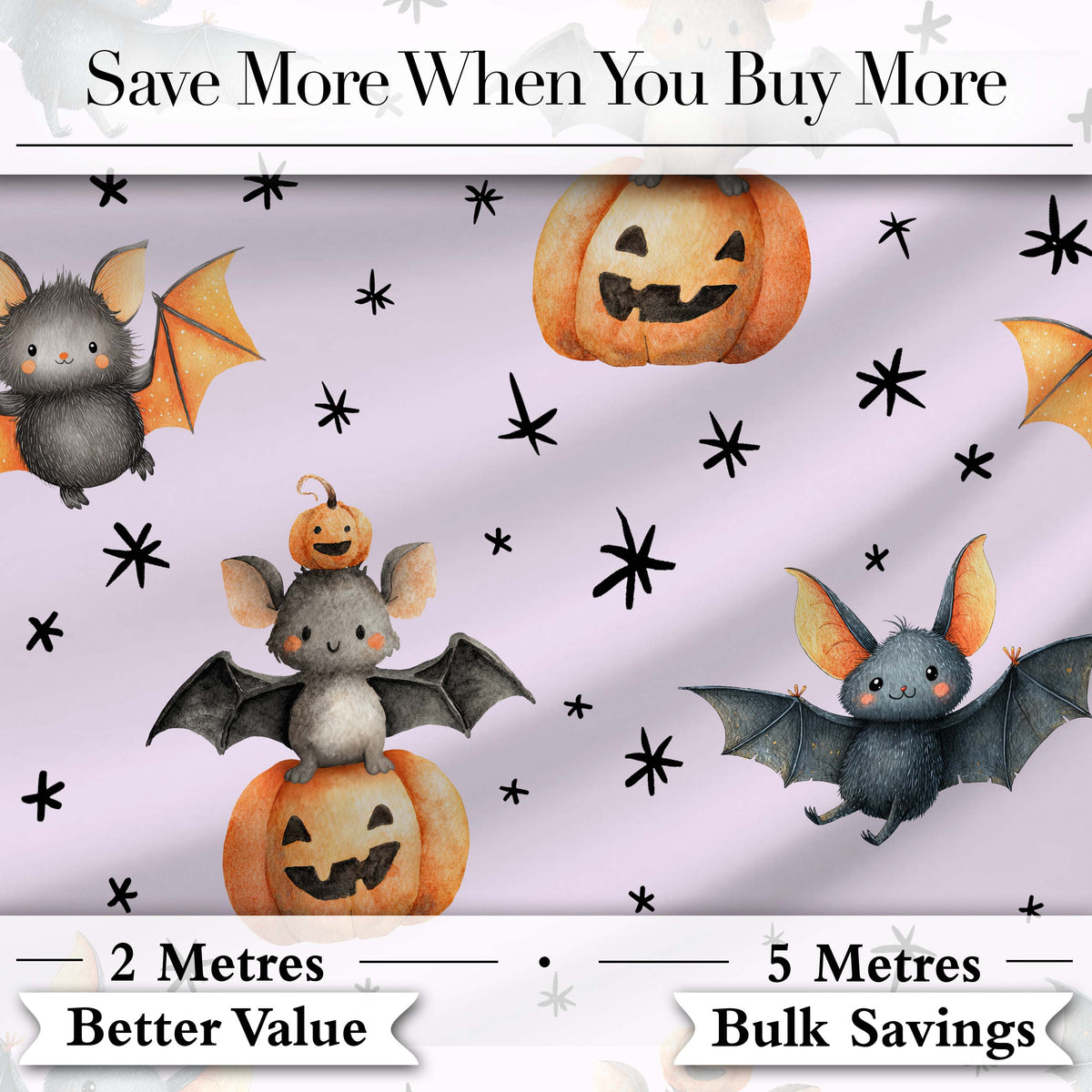 Cute Halloween Bat Pumpkin Star Night Seamless Pattern Soft Lilac Background Digital Print Fabric by the Metre UK Sewing Quilting Textile