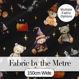 Cute Halloween Teddy Bear Pumpkin Witch Seamless Pattern Black Night Background Digital Print Fabric by the Metre UK Sewing Quilting Textile