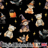 Cute Halloween Teddy Bear Pumpkin Witch Seamless Pattern Black Night Background Digital Print Fabric by the Metre UK Sewing Quilting Textile