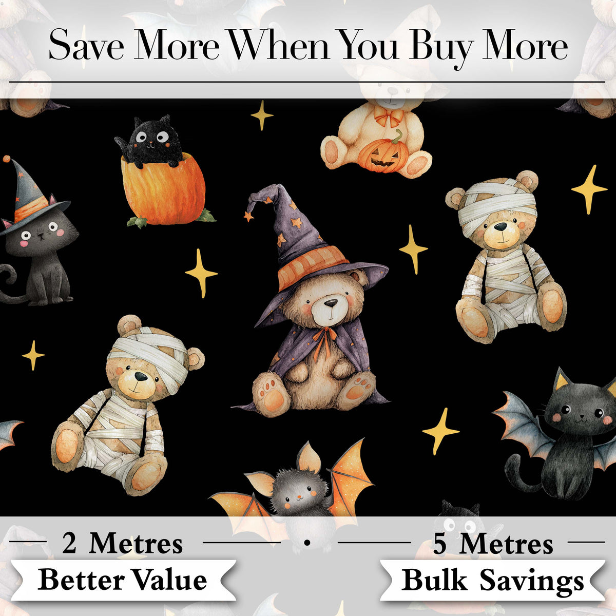 Cute Halloween Teddy Bear Pumpkin Witch Seamless Pattern Black Night Background Digital Print Fabric by the Metre UK Sewing Quilting Textile