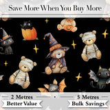 Cute Halloween Teddy Bear Pumpkin Witch Seamless Pattern Black Night Background Digital Print Fabric by the Metre UK Sewing Quilting Textile