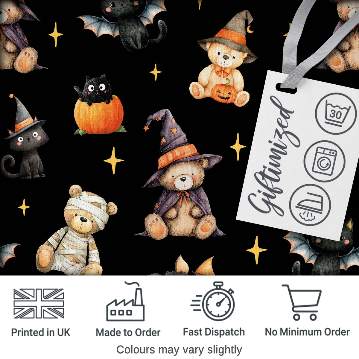 Cute Halloween Teddy Bear Pumpkin Witch Seamless Pattern Black Night Background Digital Print Fabric by the Metre UK Sewing Quilting Textile