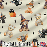 Halloween Teddy Bear Witch Cat Bat Pumpkin Seamless Pattern Cream  Digital Print Fabric by the Metre UK Sewing Quilting Textile