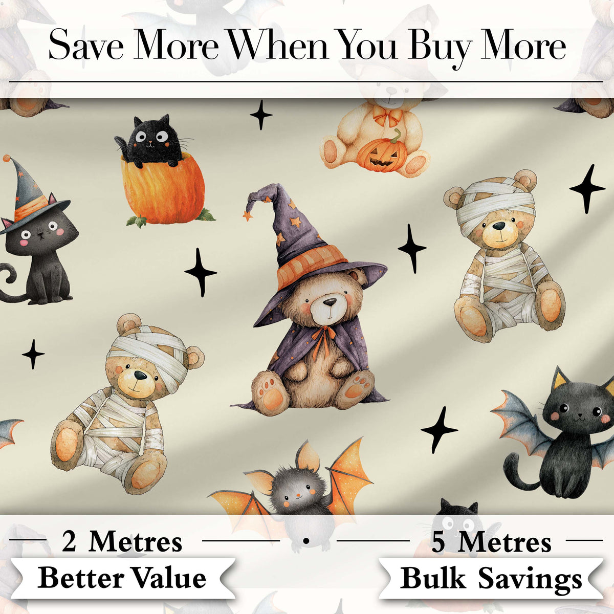 Halloween Teddy Bear Witch Cat Bat Pumpkin Seamless Pattern Cream  Digital Print Fabric by the Metre UK Sewing Quilting Textile