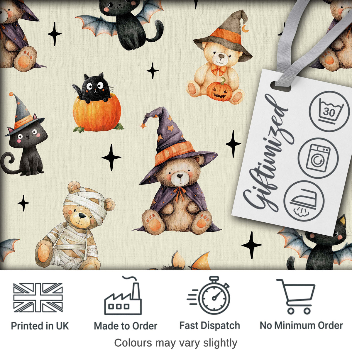 Halloween Teddy Bear Witch Cat Bat Pumpkin Seamless Pattern Cream  Digital Print Fabric by the Metre UK Sewing Quilting Textile
