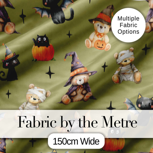 Halloween Teddy Bear Witch Cat Bat Pumpkin Seamless Pattern Olive Green  Digital Print Fabric by the Metre UK Sewing Quilting Textile